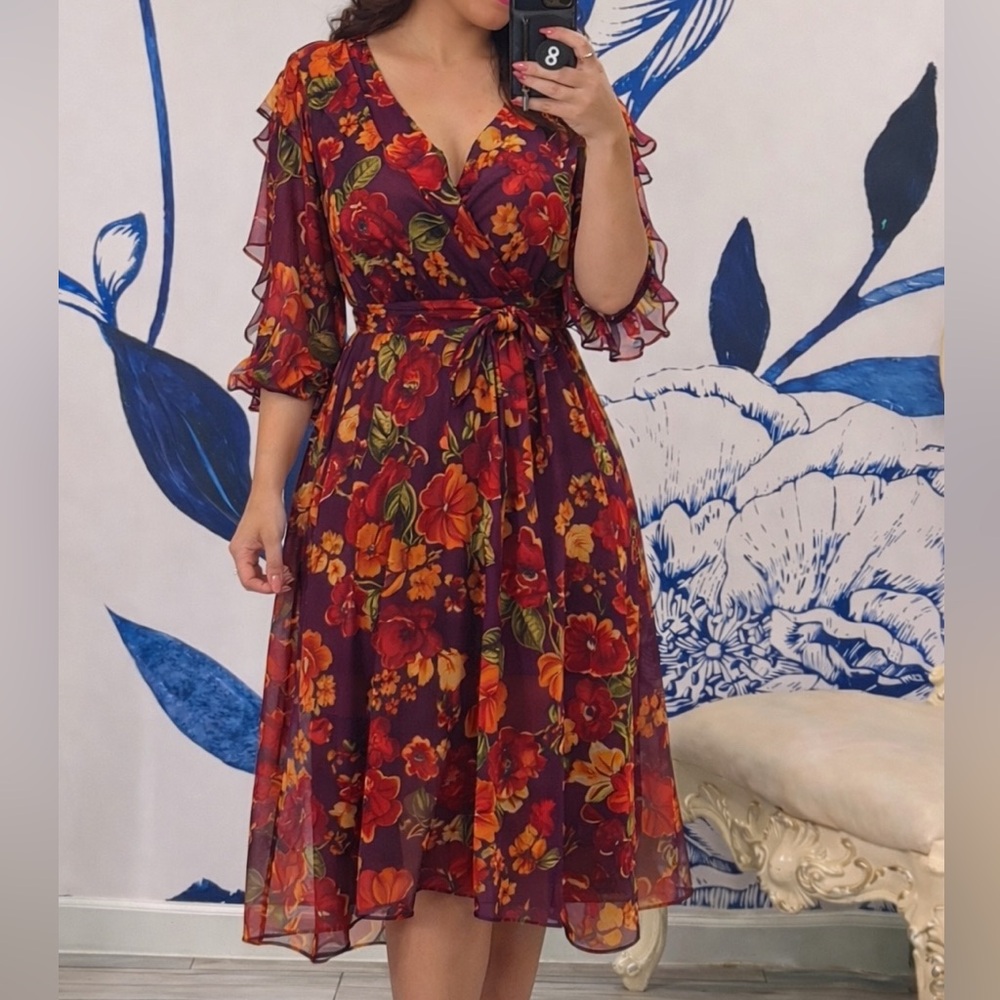 Floral Ruffle Sleeve Dress - Red and Orange